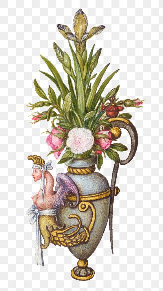 Blooming iris flower in vintage vase png hand drawn