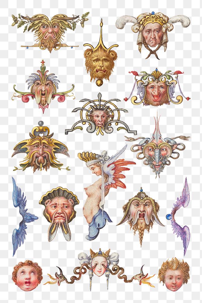 Troll cherub png medieval mythical creature set, remix from The Model Book of Calligraphy Joris Hoefnagel and Georg Bocskay