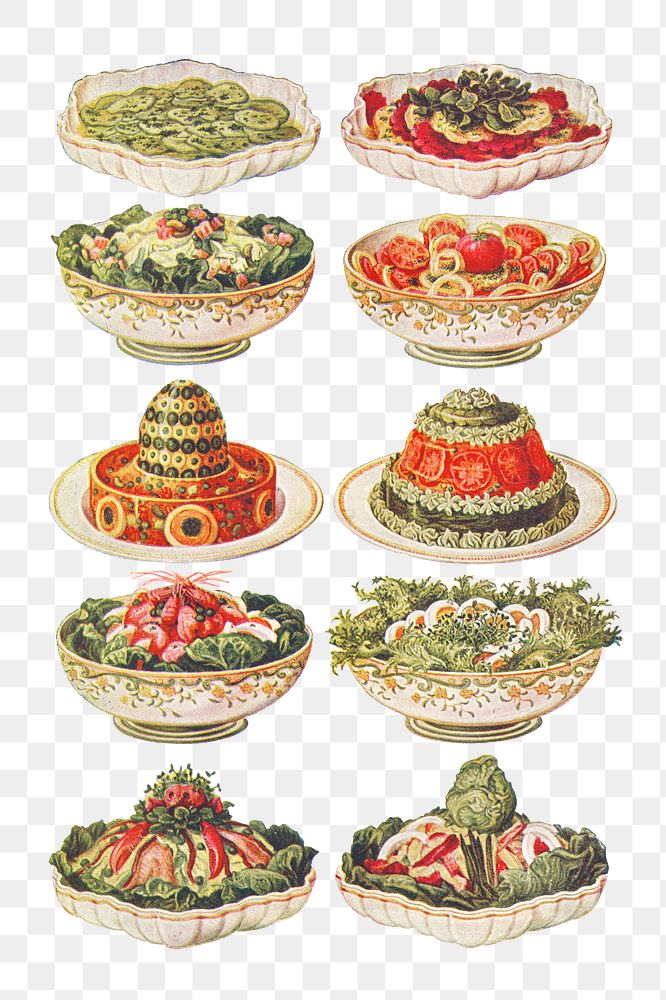 Vintage salad illustrations of cucumber salad, beetroot and tomato salad, Mac&eacute;doine salad, tomato salad, Russian…