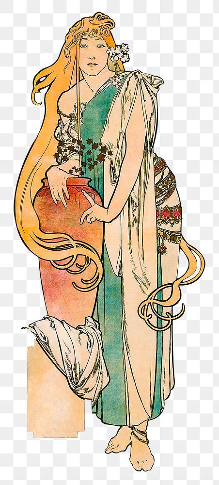 Art nouveau woman with jar png, remixed from the artworks of Alphonse Maria Mucha