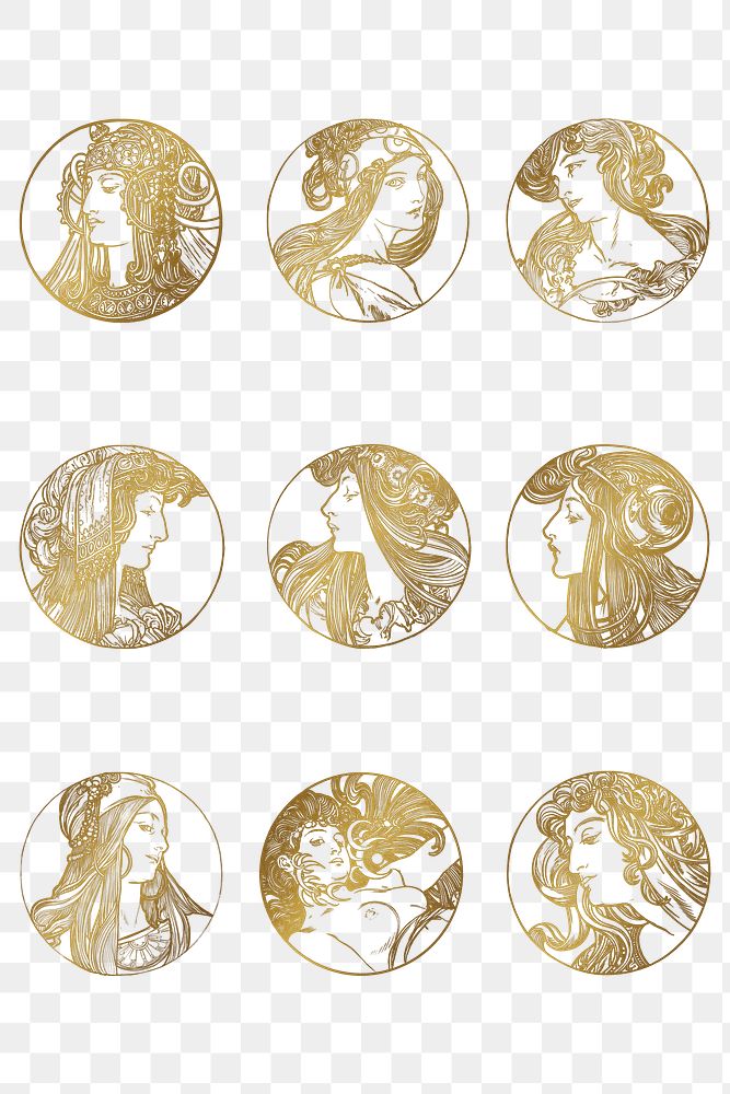 Lady art nouveau gold silhouette png illustration set, remixed from the artworks of Alphonse Maria Mucha