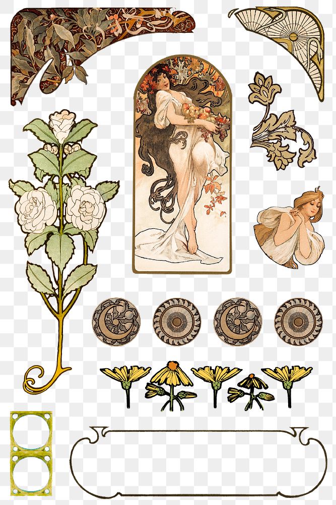 Woman and ornament art nouveau png set, remixed from the artworks of Alphonse Maria Mucha