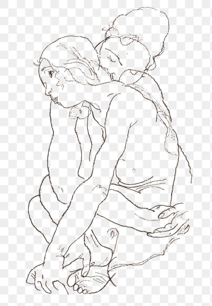 Women embracing png illustration remixed from the artworks of Egon Schiele.