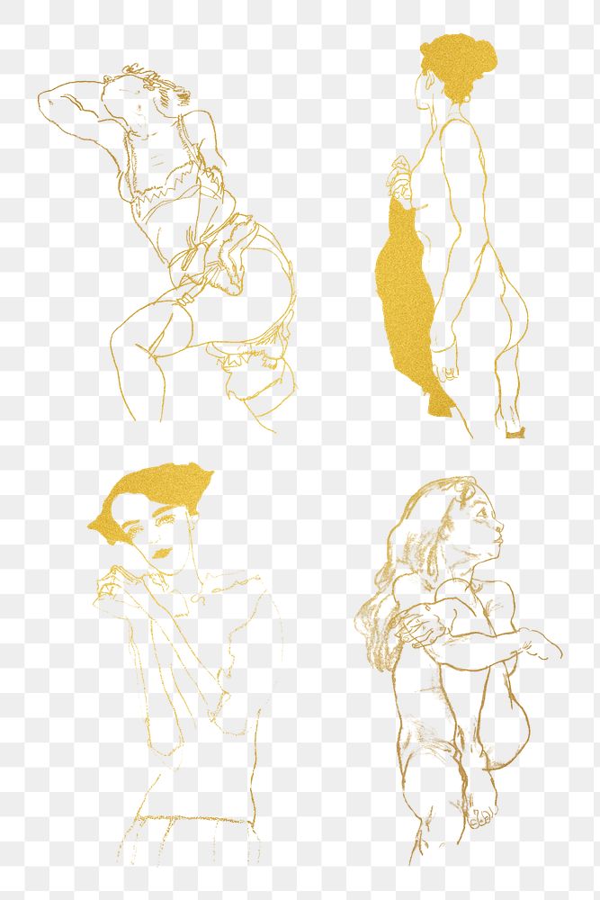 Golden woman line drawing png collection remixed from the artworks of Egon Schiele.