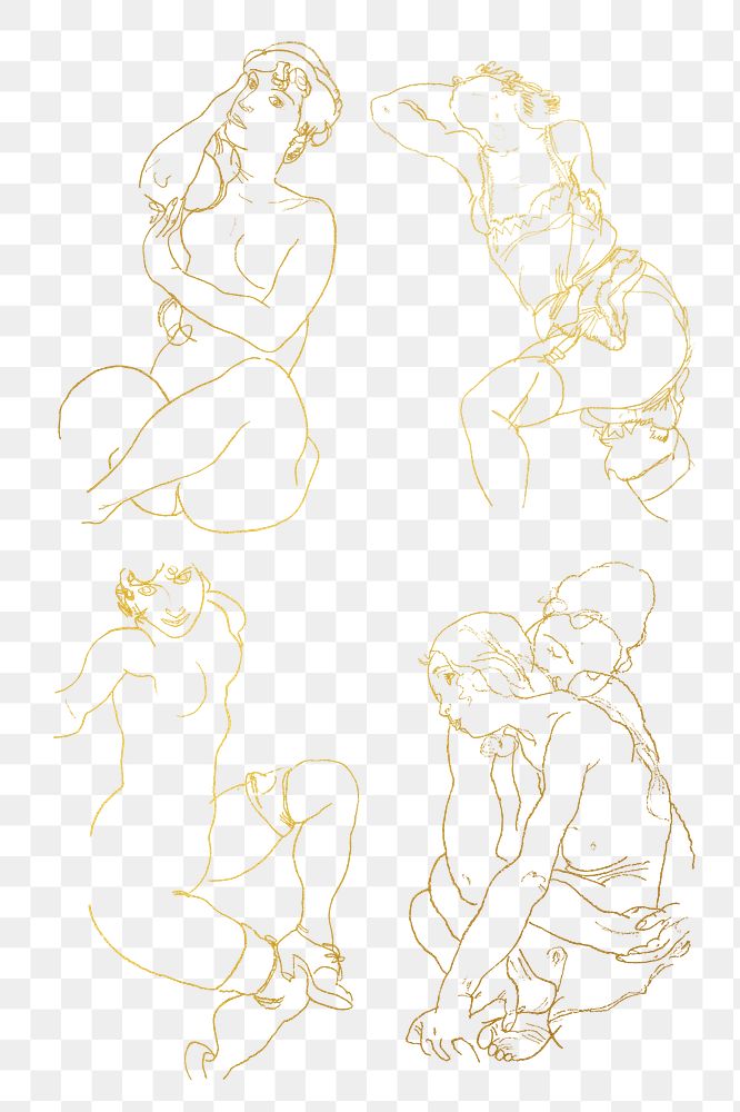 Woman gold line art drawing png set remixed from the artworks of Egon Schiele.