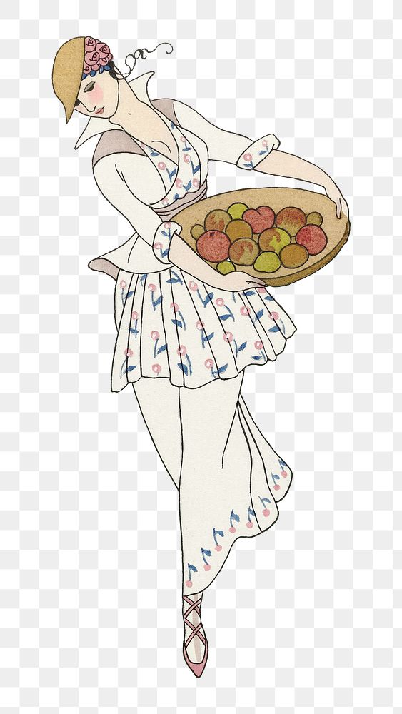 Woman holding apples p 19th century fashion, remix from artworks by George Barbier