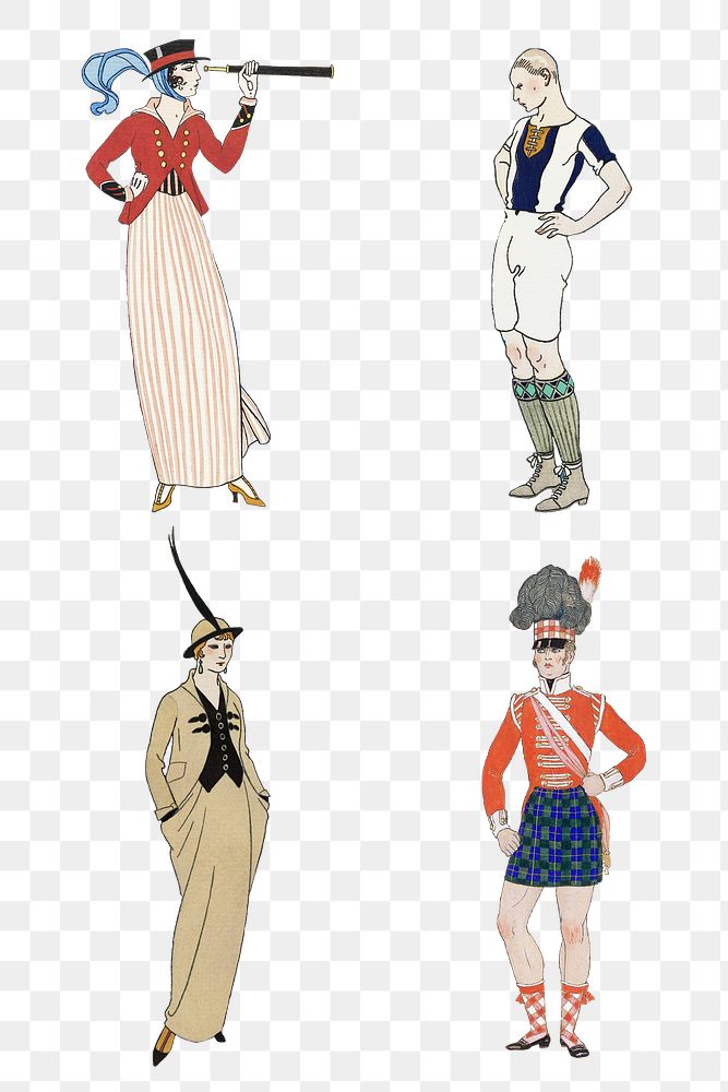 Vintage feminine fashion png 19th century style set, remix from artworks by George Barbier