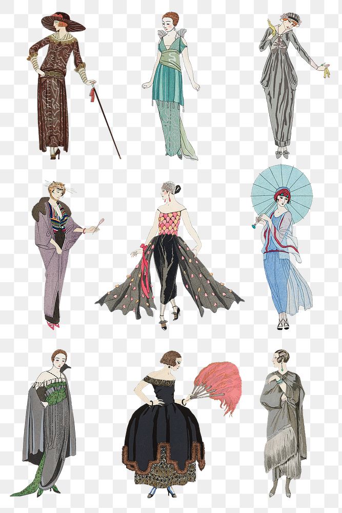 19th century fashion png set, remix from artworks by George Barbier