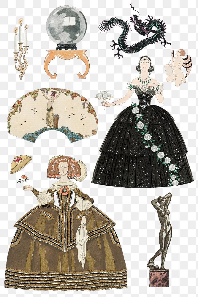 Victorian dress png 19th century fashion set, remix from artworks by George Barbier