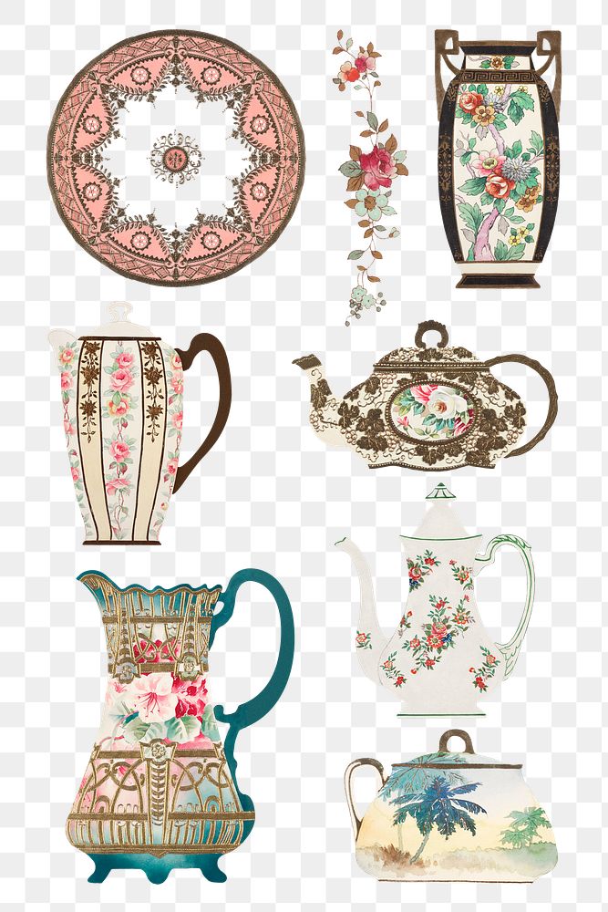 Vintage png floral pattern on tableware  design set, remixed from Noritake factory china porcelain design