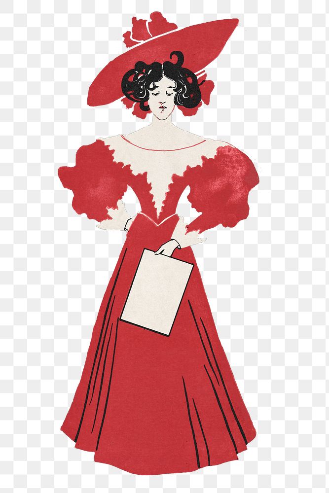 1900's fashion woman png in red dress art print, remix from artworks by Ethel Reed