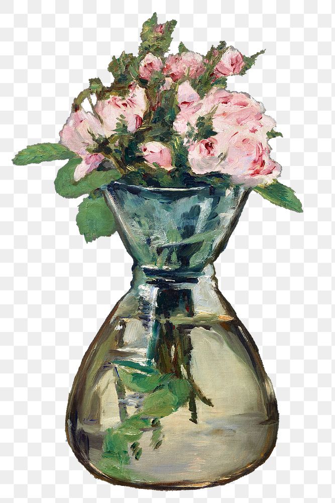 Png moss roses in a vase vintage painting, remixed from artworks by &Eacute;douard Manet