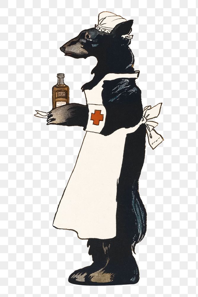 Bear png holding a medicine bottle, remixed from artworks by Edward Penfield