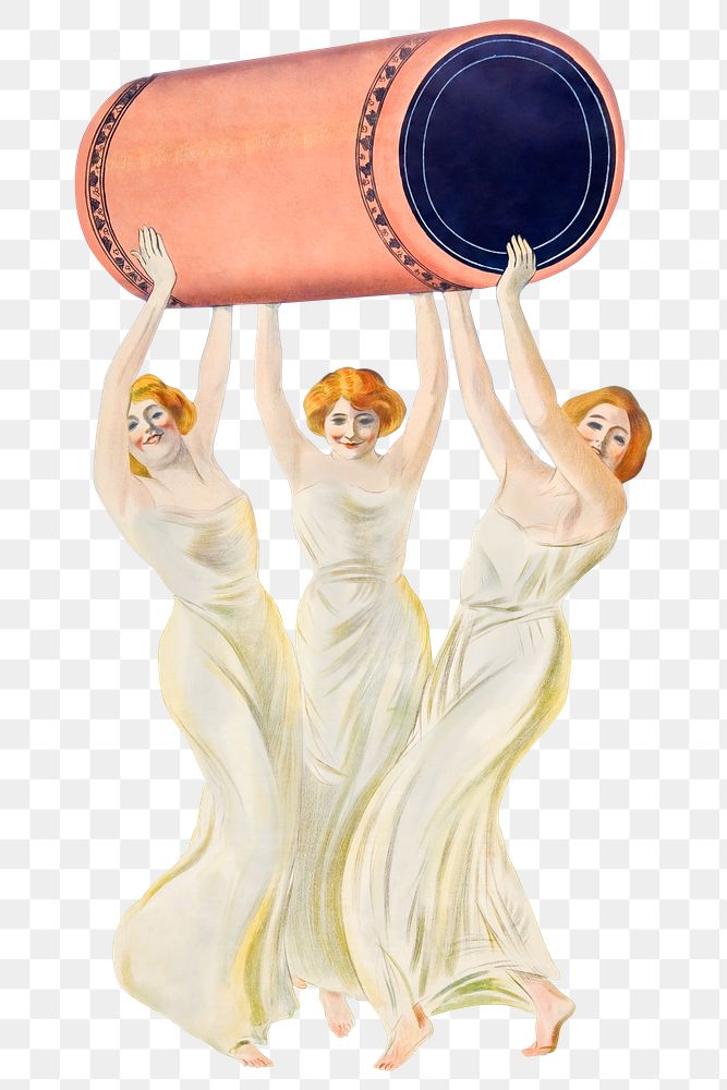 Women png carrying pink blank pill print, remixed from artworks by Leonetto Cappiello
