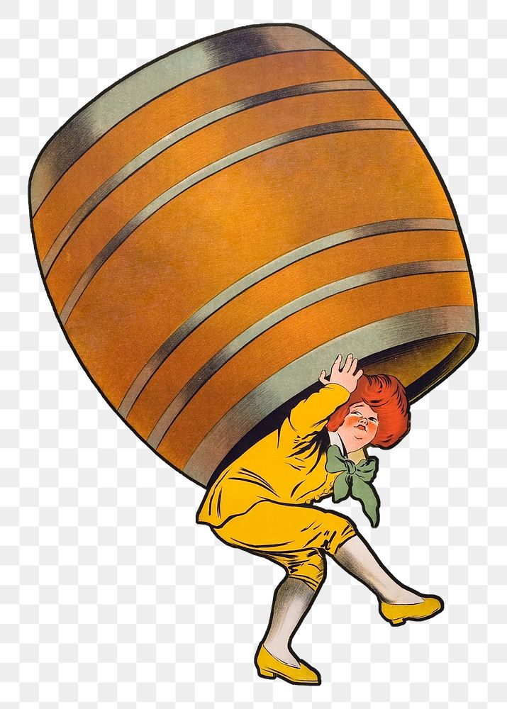 Boy png carrying alcohol barrel print, remixed from artworks by Leonetto Cappiello