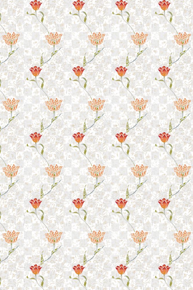 William Morris's png vintage pattern, pink and red tulip flower illustration, remix from the original artwork