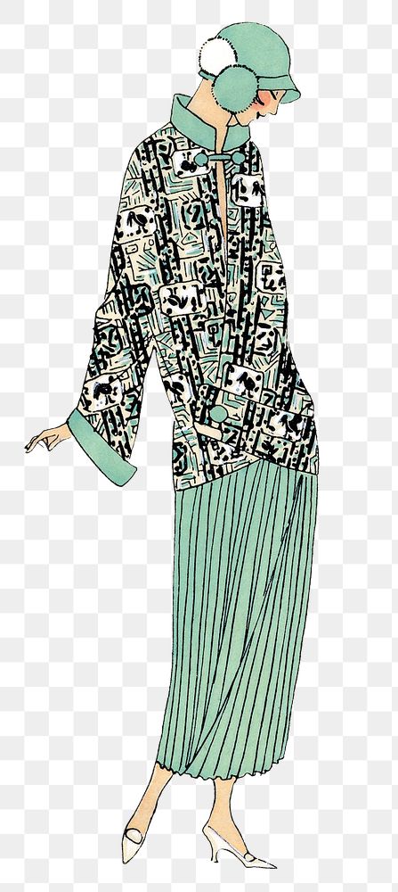 Png woman in green flapper dress, remixed from vintage illustration published in Tr&egrave;s Parisien