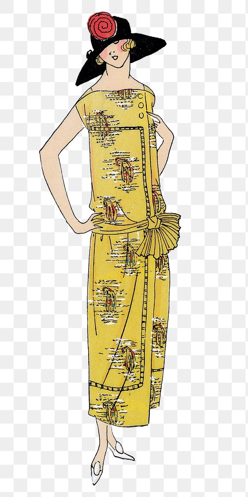 Png woman in yellow flapper dress, remixed from vintage illustration published in Tr&egrave;s Parisien