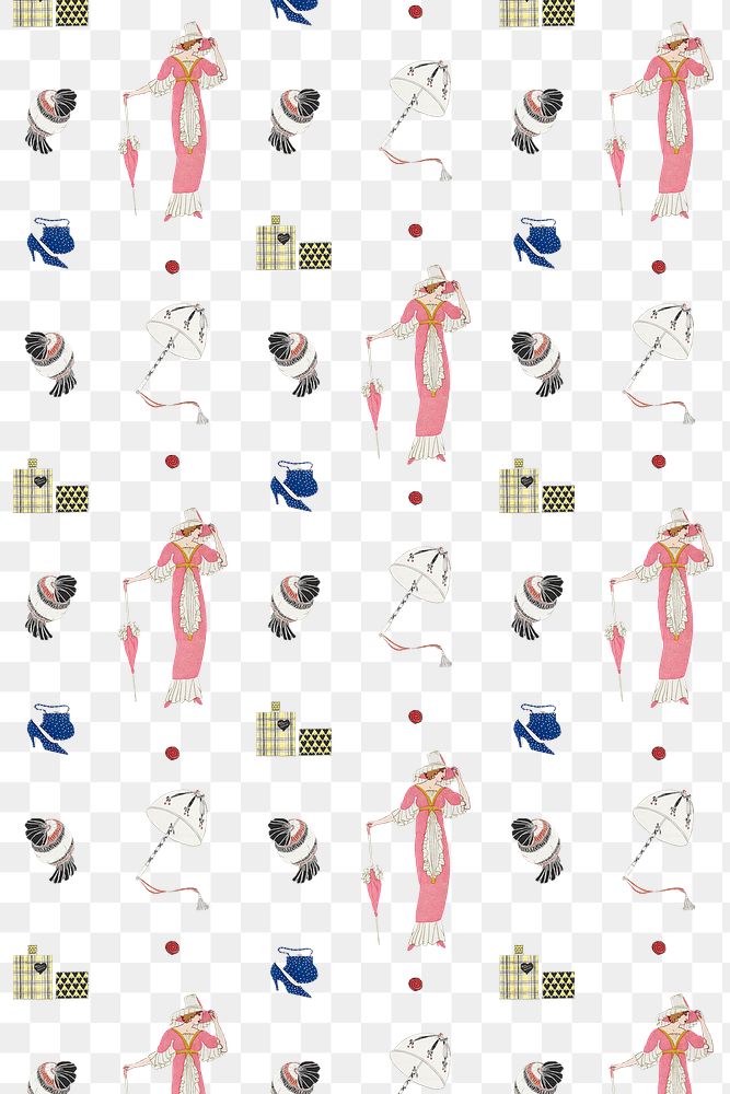 Png pattern background featuring vintage flapper and beauty items, remixed from public domain artworks