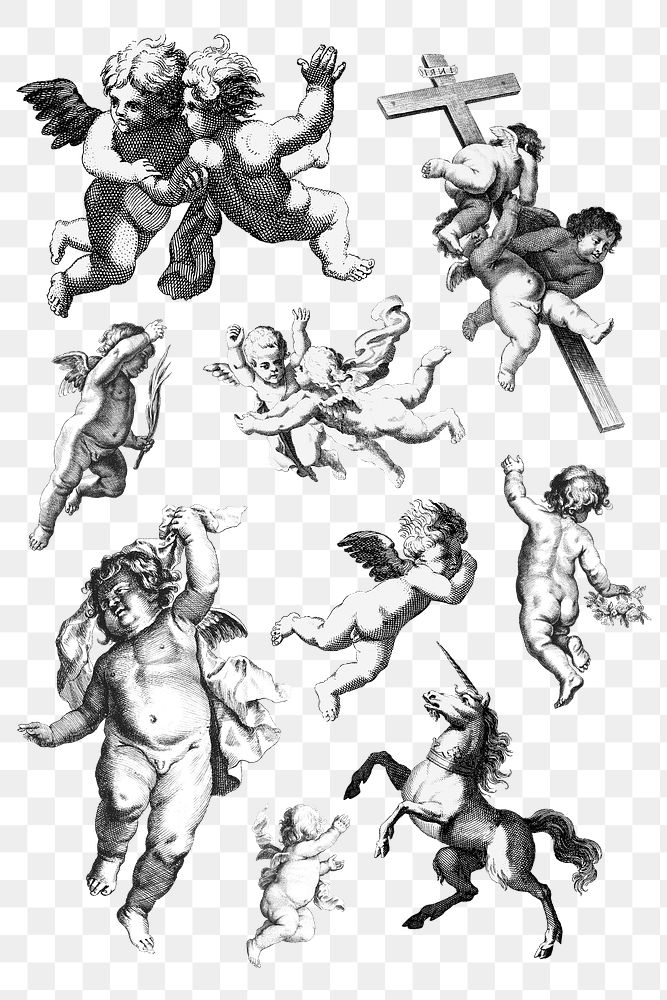 Vintage cute cherub png sticker illustration set