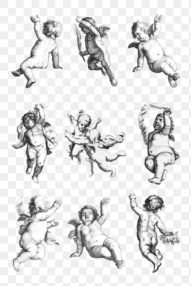 Vintage cute cherub png sticker illustration set