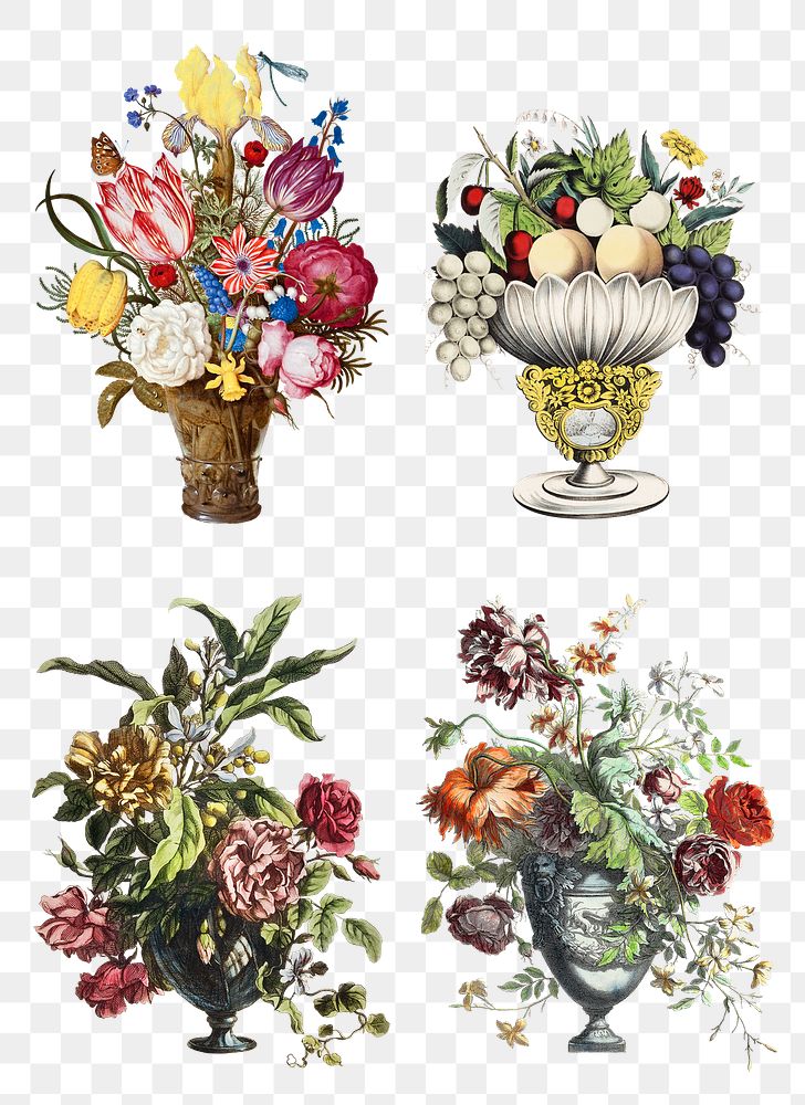 Vintage png colorful flowers sticker illustration set