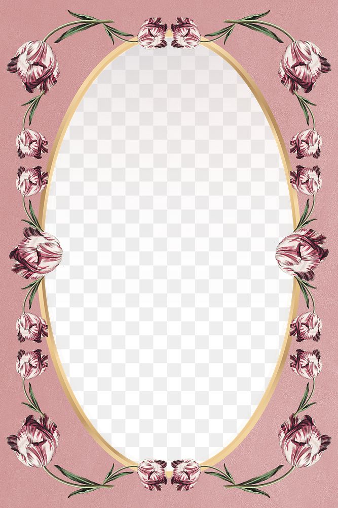 Vintage oval gold tulip flower frame on pink background design element