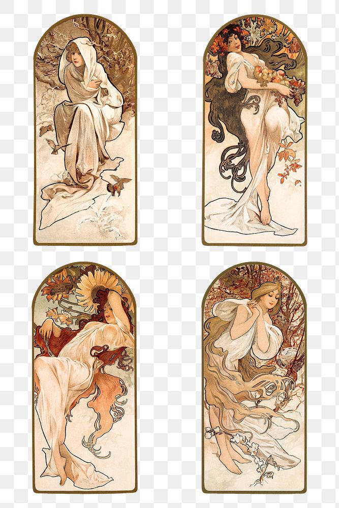 Art nouveau lady four seasons png, remixed from the artworks of Alphonse Maria Mucha