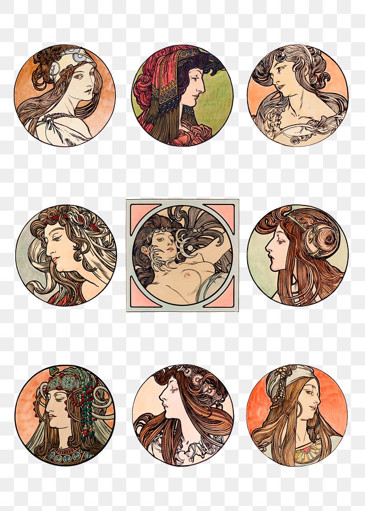 Lady art nouveau illustration png set, remixed from the artworks of Alphonse Maria Mucha