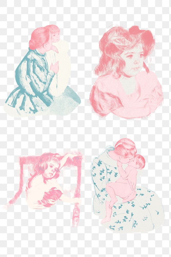 Vintage hand drawn mother and her child set illustration, remixed from the artworks of Mary Cassatt.