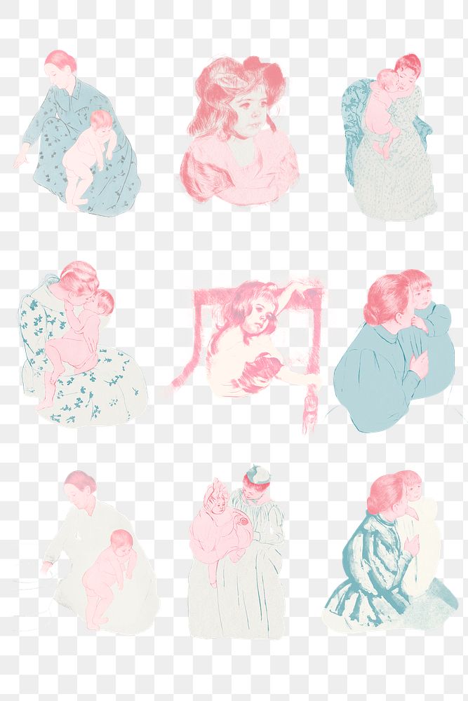 Vintage hand drawn mother and her child set illustration, remixed from the artworks of Mary Cassatt.