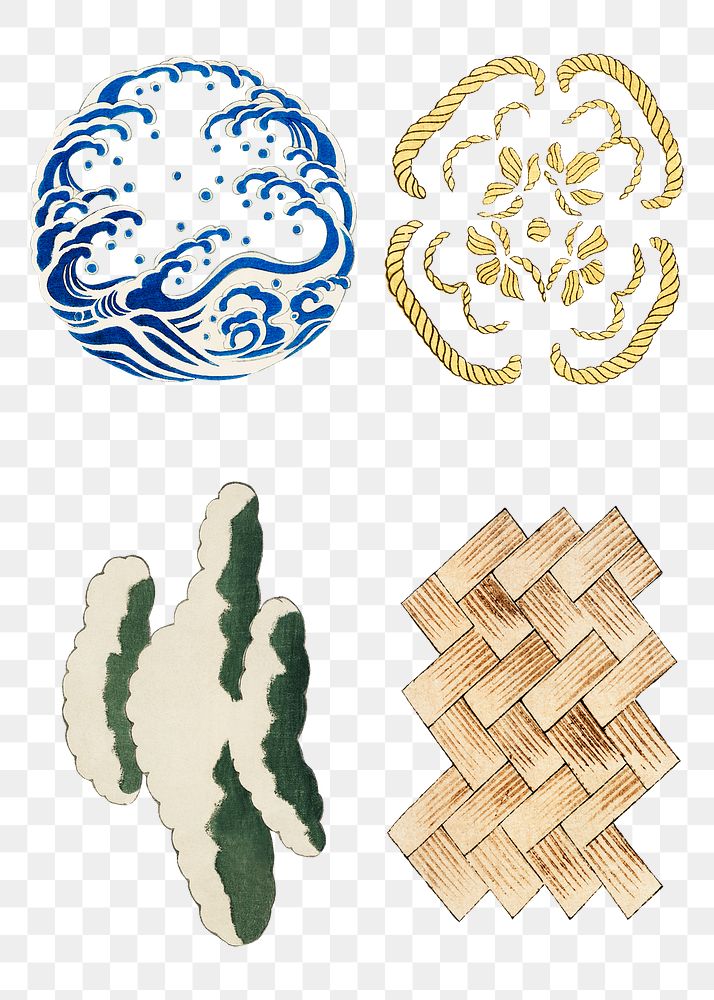 Japanese emblem ornamental element png set, remix of artwork by Watanabe Seitei