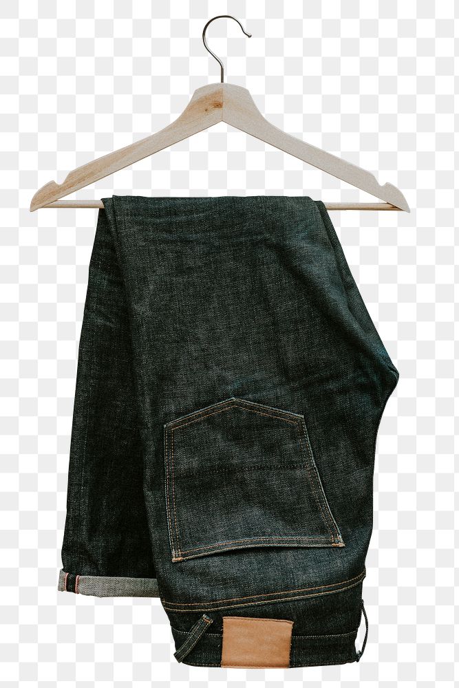 Dark blue jeans on a wooden hanger design element