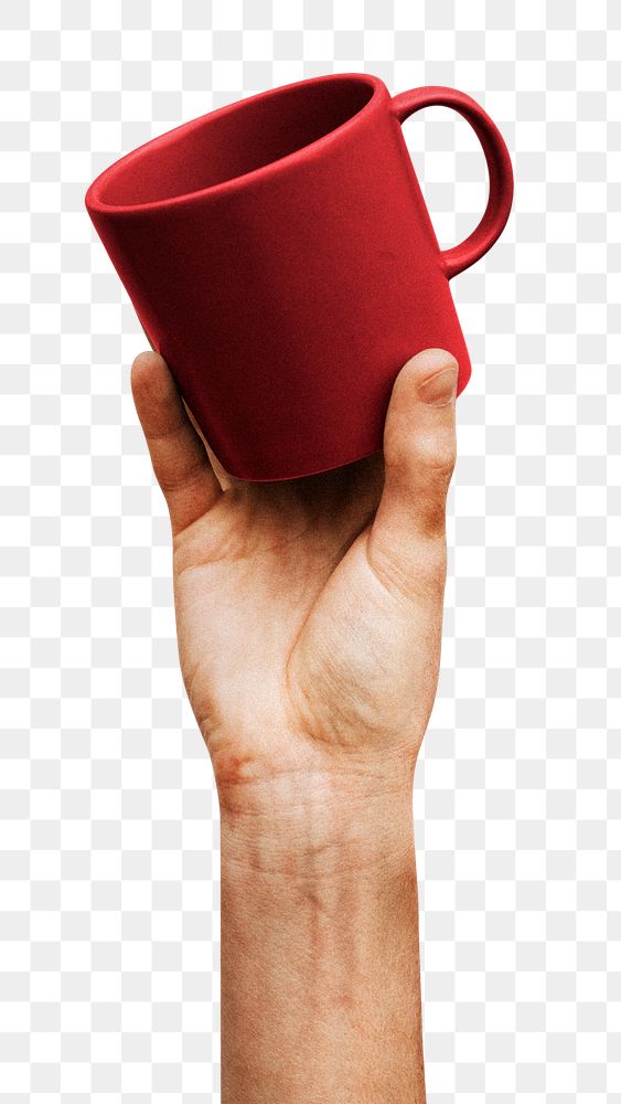 Hand holding a red ceramic coffee cup design element