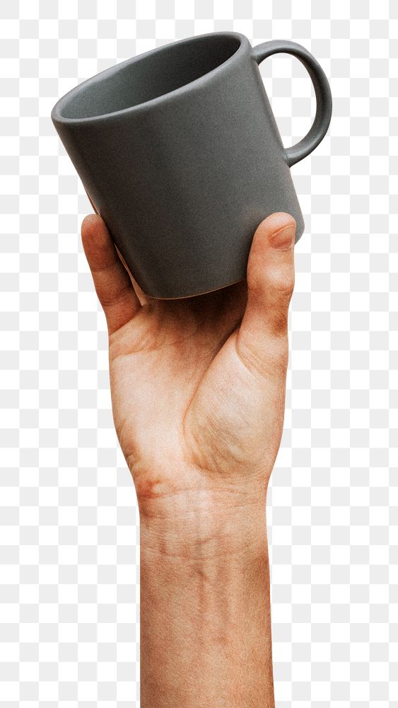 Hand holding a gray ceramic coffee cup design element