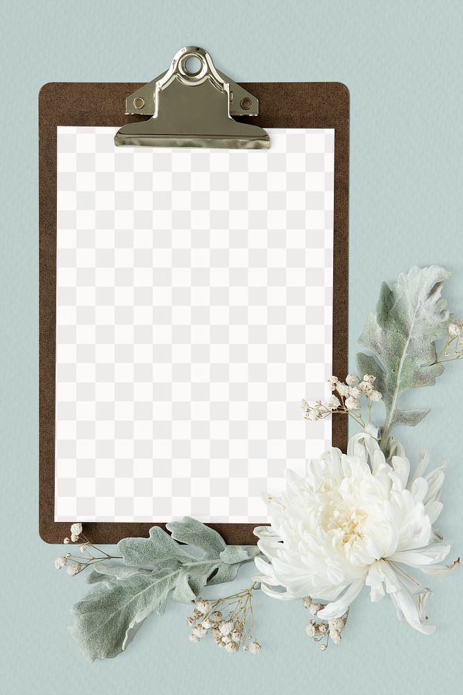 White chrysanthemum flower on a paper mockup on a clipboard 