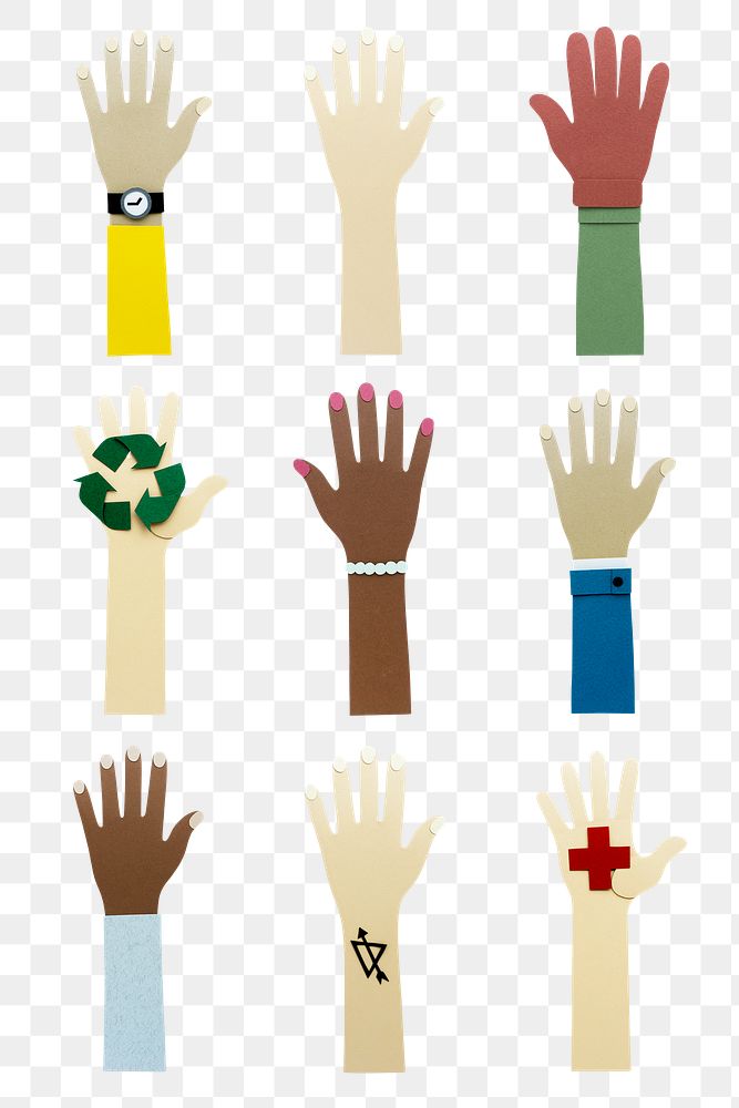 Paper craft hands of diversity and symbols design element set