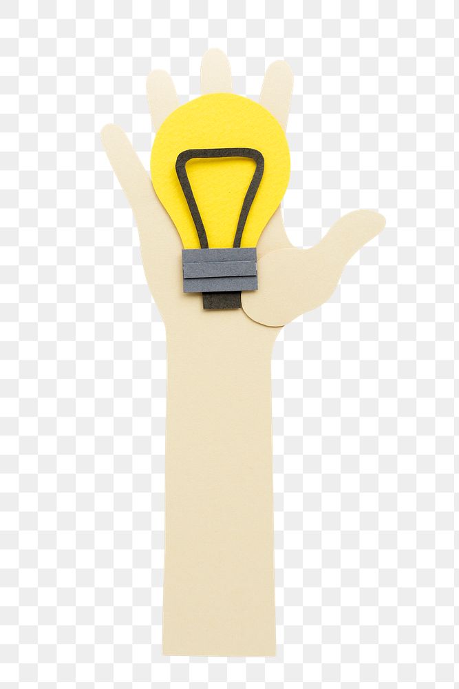 Hand holding a light bulb paper craft design element