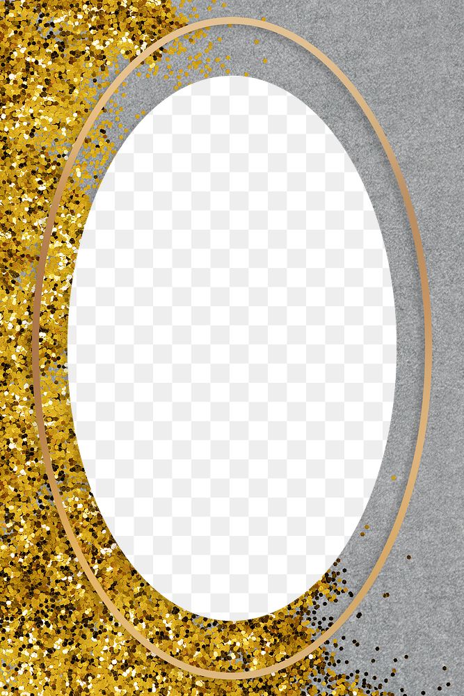 Gold shimmering oval frame on a gray background 