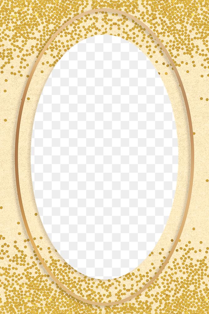 Gold shimmering oval frame on a beige background 