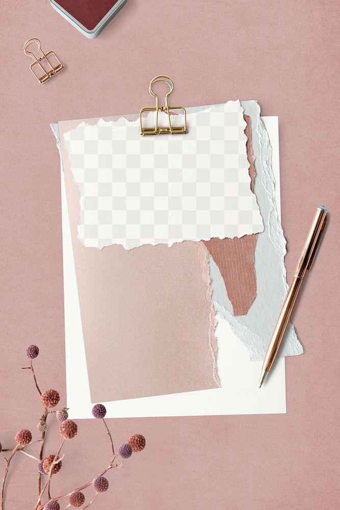 Blank torn pink paper templates with a paperclip transparent png