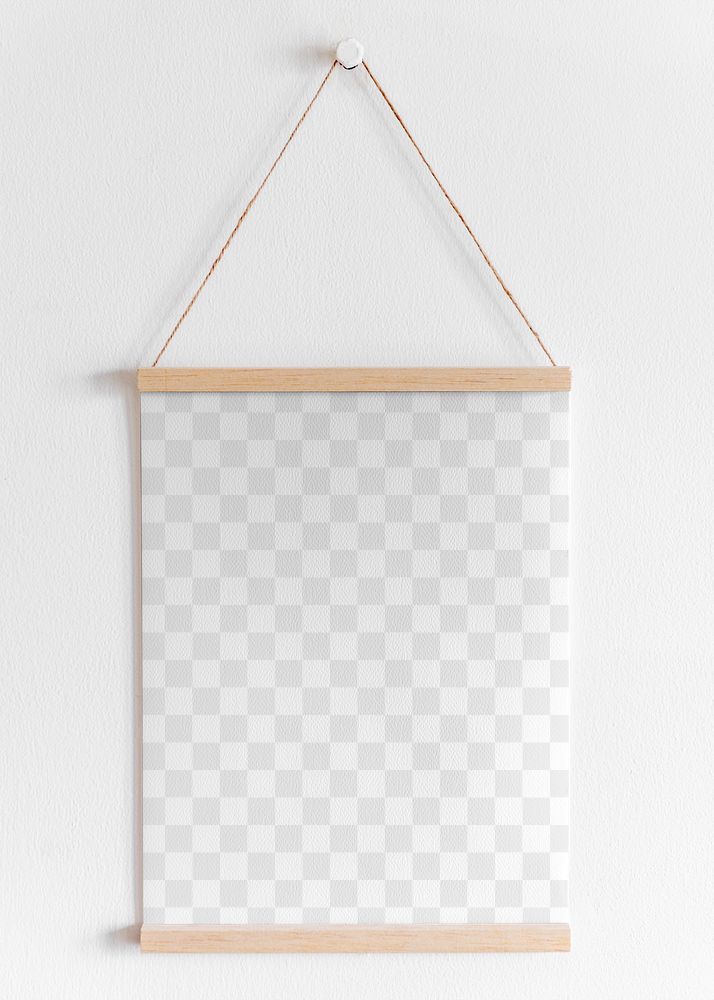 Poster PNG mockup wooden frame hanging on white wall