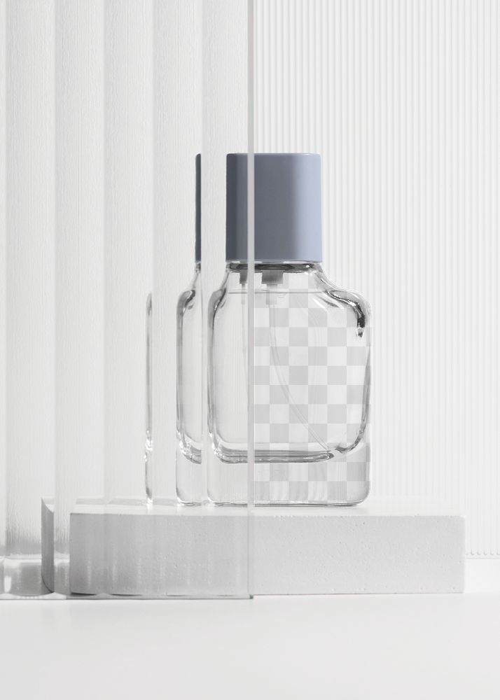 Png perfume bottle mockup with patterned glass texture product backdrop