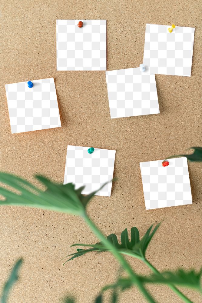 Notes mockup png, pinned on brown corkboard