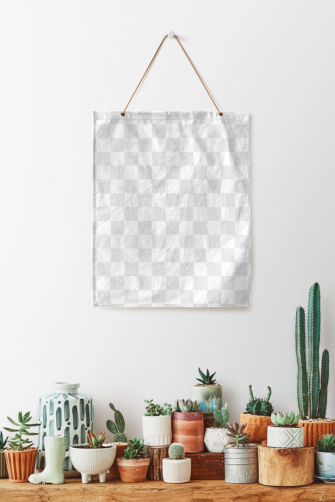 Canvas poster png hanging over a shelf full of cacti and succulents 