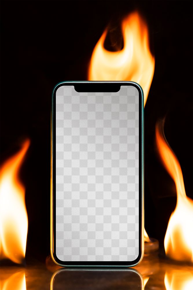 Phone screen png mockup, aesthetic burning flame effect