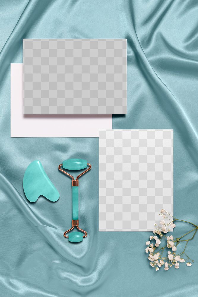 Paper mockup png, transparent stationery, beauty product, flat lay design, blue tone