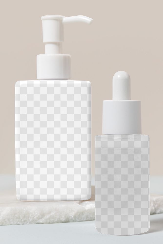 Cosmetic bottles png mockup, transparent product packaging design, beauty business branding