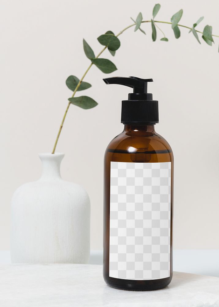 Transparent label png mockup, brown pump bottle, beauty product packaging design, business branding