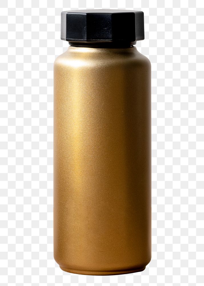 Gold water bottle png, eco-friendly insulated stainless steel bottle, isolated object